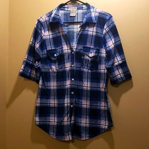 Navy Blue / Pink Plad button Shirt 3quard sleeves 😍